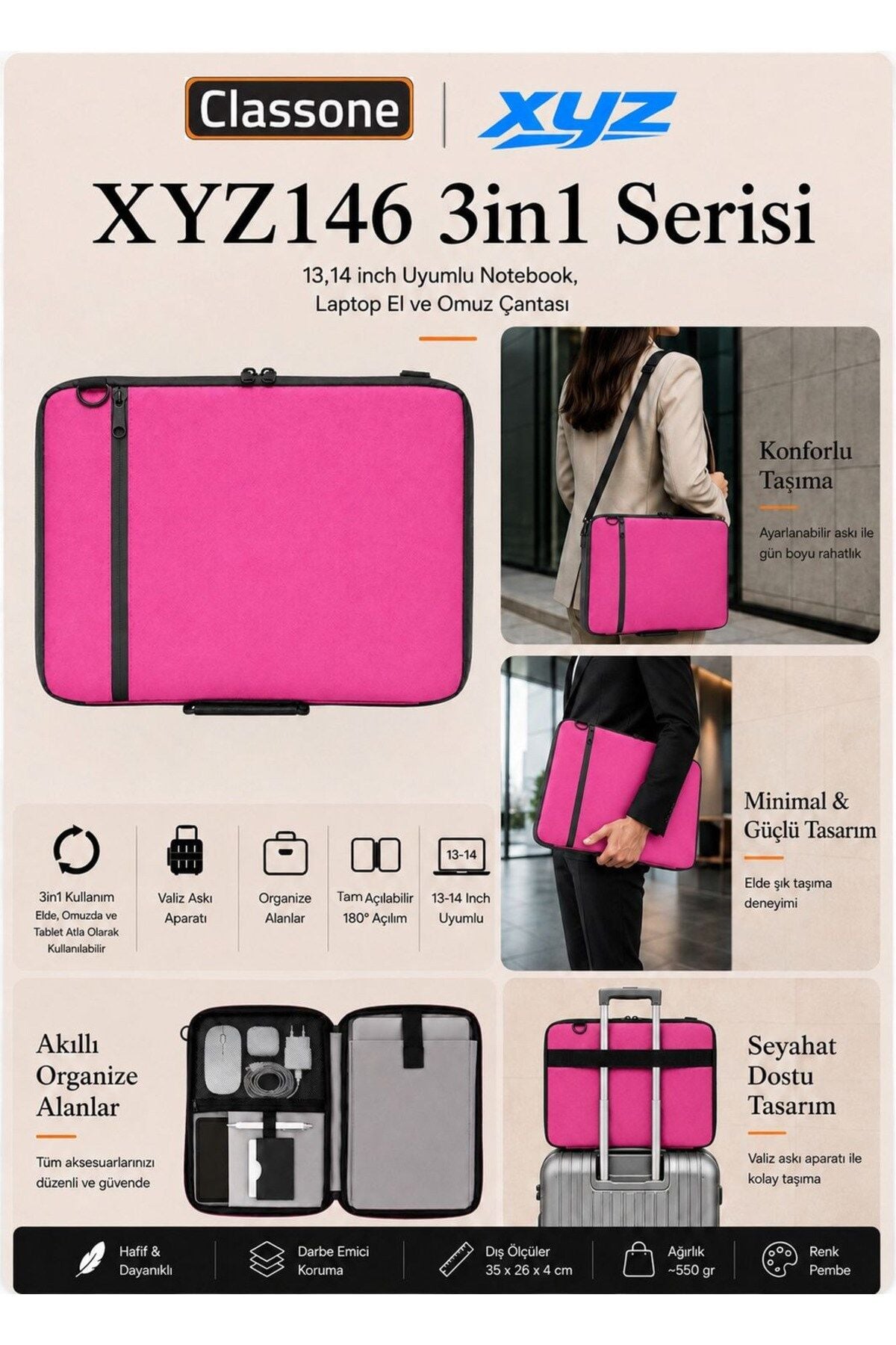 Classone 3in1 Serisi CLK146 13,14 inch Uyumlu Tablet Laptop El ve Omuz Çantası Pembe