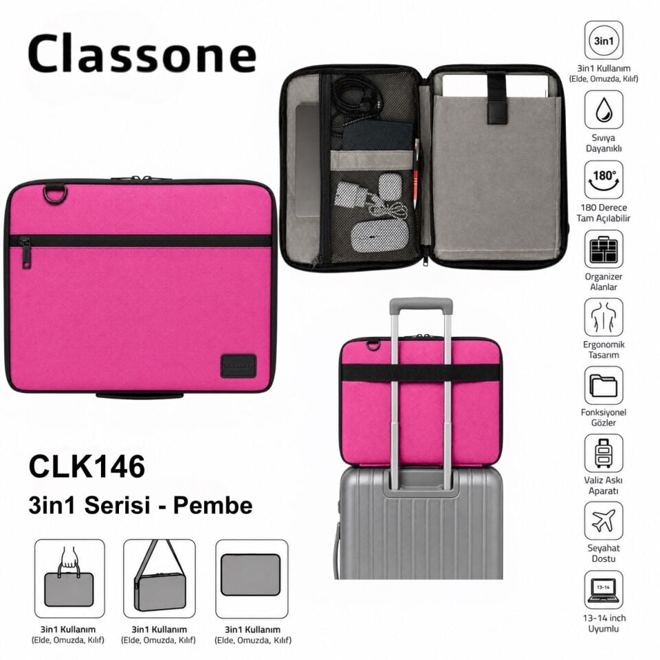 CLK146 3 in 1 13,14''Tablet Laptop El ve Omuz Çantası+Zolx Taşınabilir Ekran Temizleme Kiti Hediyeli